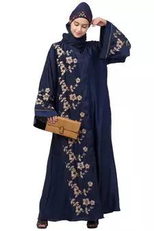 Navy Blue Nida Printed Gold Floral Abaya