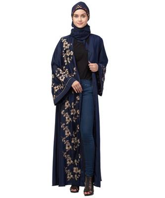 Navy Blue Nida Printed Gold Floral Abaya 6