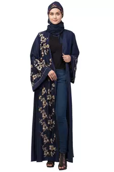 Navy Blue Nida Printed Gold Floral Abaya