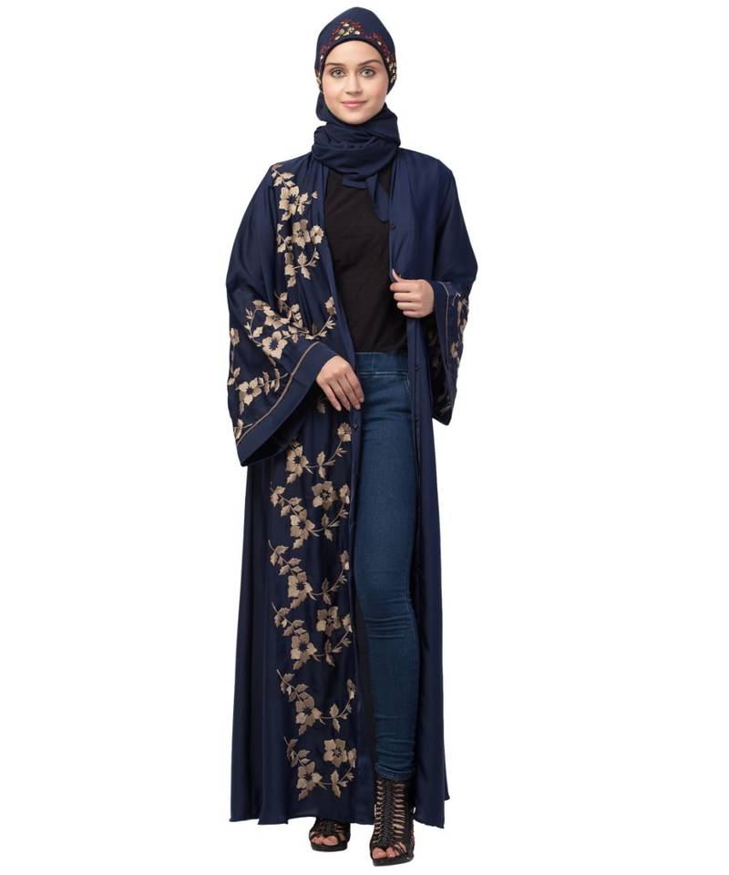 Navy Blue Nida Printed Gold Floral Abaya
