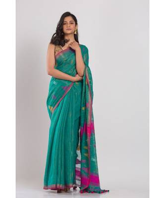Teal soft cotton handwoven cotton saree 1
