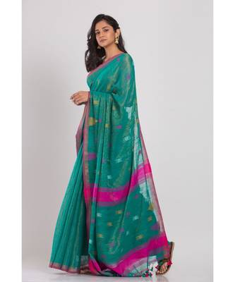 Teal soft cotton handwoven cotton saree 2