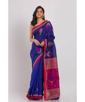 Blue blended cotton jamdani saree 1