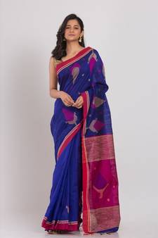Blue blended cotton jamdani saree