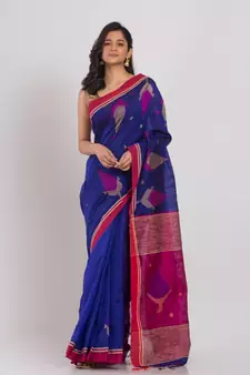 Blue blended cotton jamdani saree