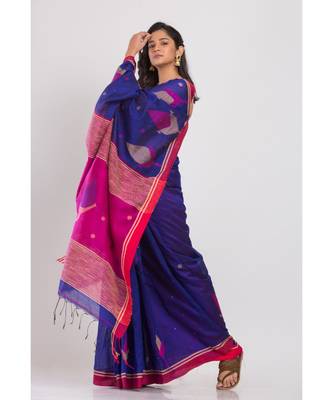 Blue blended cotton jamdani saree 2