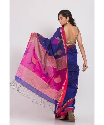 Blue blended cotton jamdani saree 3