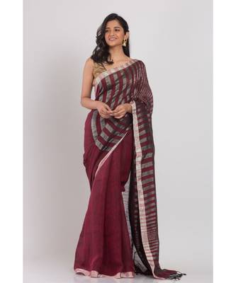 Maroon linen saree with silver zori pallu and border 1