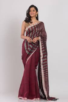 Maroon linen saree with silver zori pallu and border