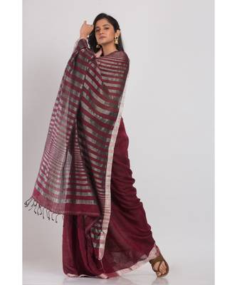 Maroon linen saree with silver zori pallu and border 2