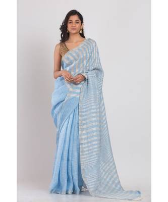 Skyblue Linen Saree With Silver Zori Pallu And Border 1