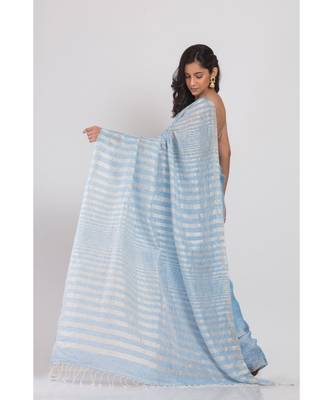 Skyblue Linen Saree With Silver Zori Pallu And Border 2