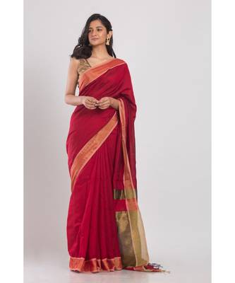 Red Blended Cotton Woven Handloom Saree 1