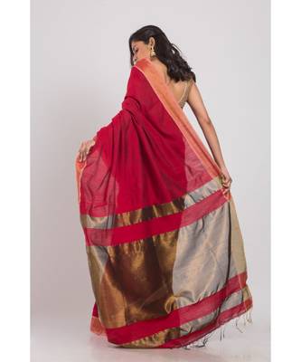 Red Blended Cotton Woven Handloom Saree 2