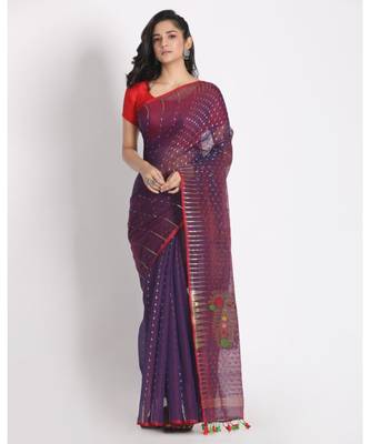 ROSEWOOD JAMDANI SAREE WITH ALLOVER MULTI COLOUR THREAD WEAVING Without Blouse 1