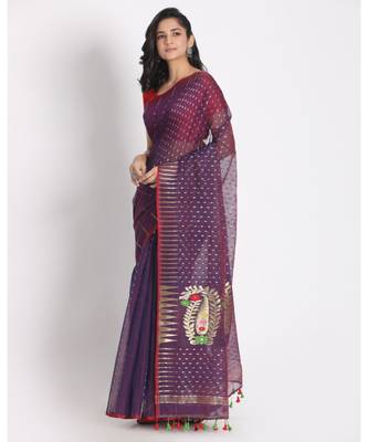 ROSEWOOD JAMDANI SAREE WITH ALLOVER MULTI COLOUR THREAD WEAVING Without Blouse 2