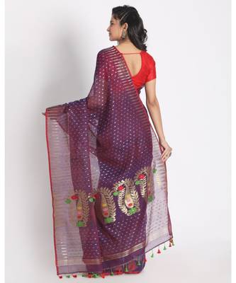 ROSEWOOD JAMDANI SAREE WITH ALLOVER MULTI COLOUR THREAD WEAVING Without Blouse 3
