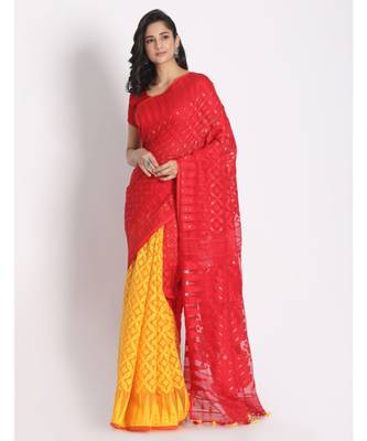 Red Yellow Jecquard Jamdani Saree Without Blouse 1