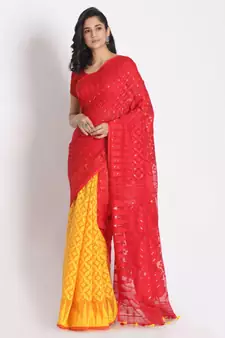 Red Yellow Jecquard Jamdani Saree Without Blouse