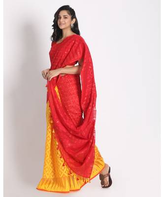 Red Yellow Jecquard Jamdani Saree Without Blouse 2