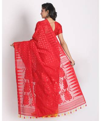 Red Yellow Jecquard Jamdani Saree Without Blouse 3