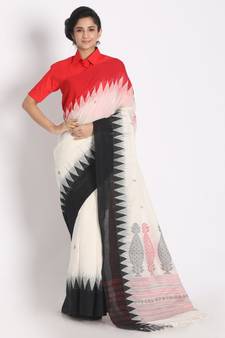 Temple Design Khadi Cotton Handloom Saree Geometric Hand weaving Pallu
