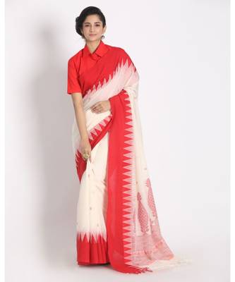 Temple Design Khadi Cotton Handloom Saree Geometric Hand weaving Pallu 1