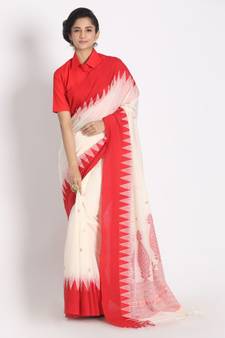 Temple Design Khadi Cotton Handloom Saree Geometric Hand weaving Pallu