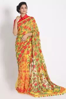 Yellow Jamdani Saree With Allover Multi Colour Thread Weaving Without Blouse