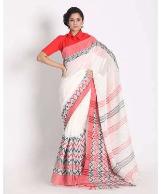 Red Border White Begampuri Organic Khadi Cotton Saree 1