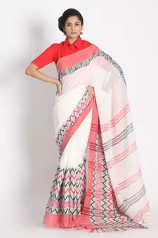 Red Border White Begampuri Organic Khadi Cotton Saree