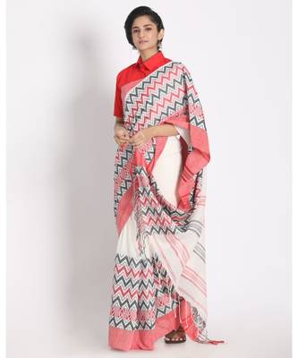 Red Border White Begampuri Organic Khadi Cotton Saree 2