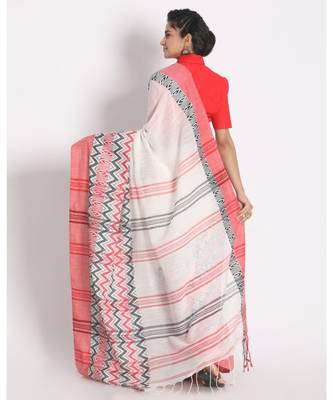 Red Border White Begampuri Organic Khadi Cotton Saree 3