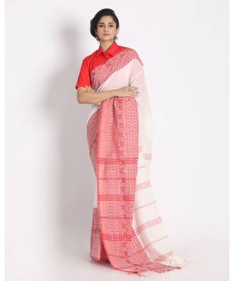 Red Border White Begampuri Organic Khadi Cotton Saree 1
