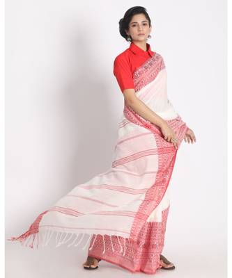 Red Border White Begampuri Organic Khadi Cotton Saree 2
