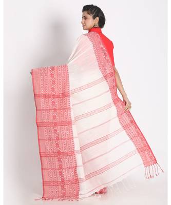 Red Border White Begampuri Organic Khadi Cotton Saree 3