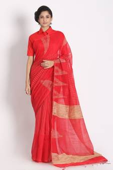 Gheecha Weaving Ketha Work Apple Red Handloom Blended Cotton Saree