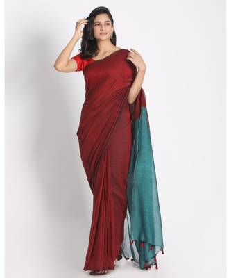 Red Khadi Cotton Handloom Saree With Pompom Pallu 1
