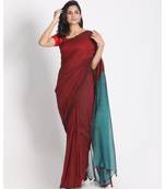 Red Khadi Cotton Handloom Saree With Pompom Pallu