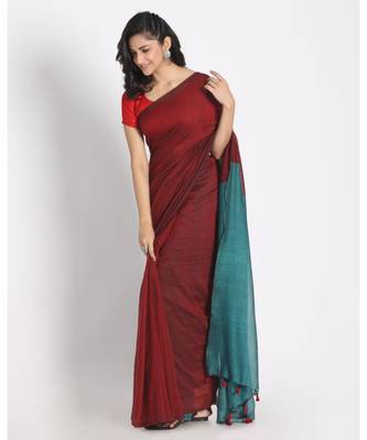 Red Khadi Cotton Handloom Saree With Pompom Pallu 2