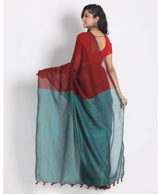 Red Khadi Cotton Handloom Saree With Pompom Pallu 3