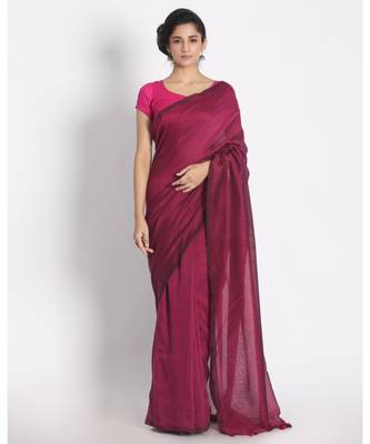 Pink  Khadi Cotton Handloom Saree With pompom Pallu 1