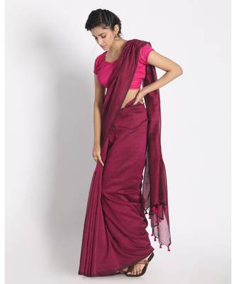 Pink  Khadi Cotton Handloom Saree With pompom Pallu 2