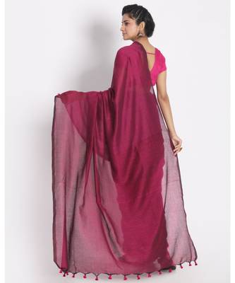 Pink  Khadi Cotton Handloom Saree With pompom Pallu 3