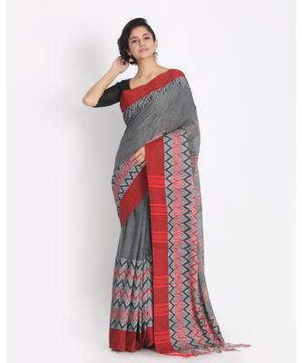 Red Border Grey Begampuri Organic Khadi Cotton Saree 1
