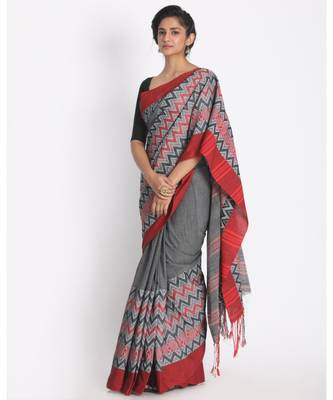 Red Border Grey Begampuri Organic Khadi Cotton Saree 2