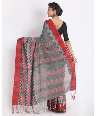 Red Border Grey Begampuri Organic Khadi Cotton Saree 3