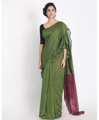 Olive  Khadi Cotton Handloom Saree With Pompom Pallu 1