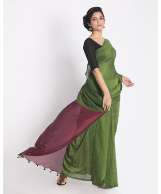 Olive  Khadi Cotton Handloom Saree With Pompom Pallu 2