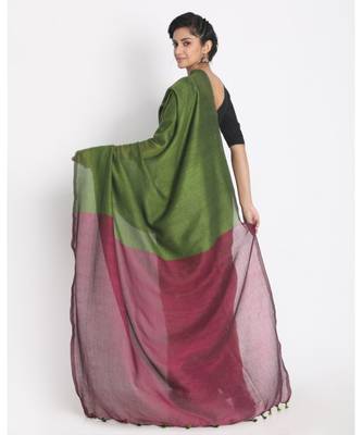 Olive  Khadi Cotton Handloom Saree With Pompom Pallu 3